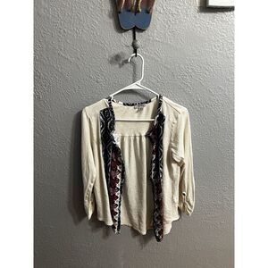 Lucky Brand Women's Roll Tab Sleeve Top Size Medium Off White Blue